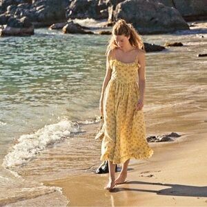 DOEN Wendelin Midi Tie Shoulder Dress In Sunshine Bounton De Rose Yellow/Floral